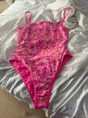 SHEIN Pink Floral & Stripe reversible One-Piece Swimsuit